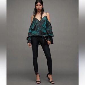 Allsaints Women's Black and Green Cold Shoulder Long Sleeve Top